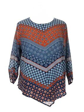 Ruby Rd. XL Orange, Blue, and White Geo Floral Stripe Asymmetrical Blouse